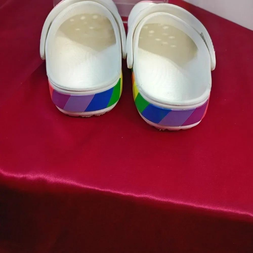 Crocs Men's SZ 5 Women's SZ 7 Rainbow Pride White Slip On Shoes Sandals